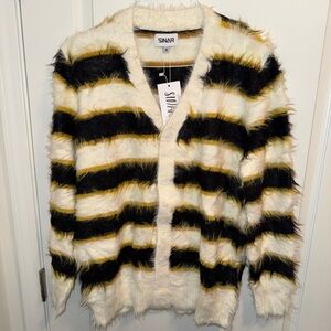 Sinar Men’s Casual Fuzzy Cardigan Sweater in White with Black and Gold Stripes